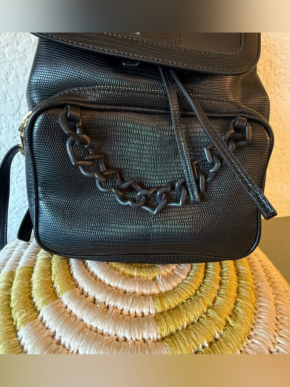 Love Moschino textured synthetic Leather Backpack black matt Heart Chain